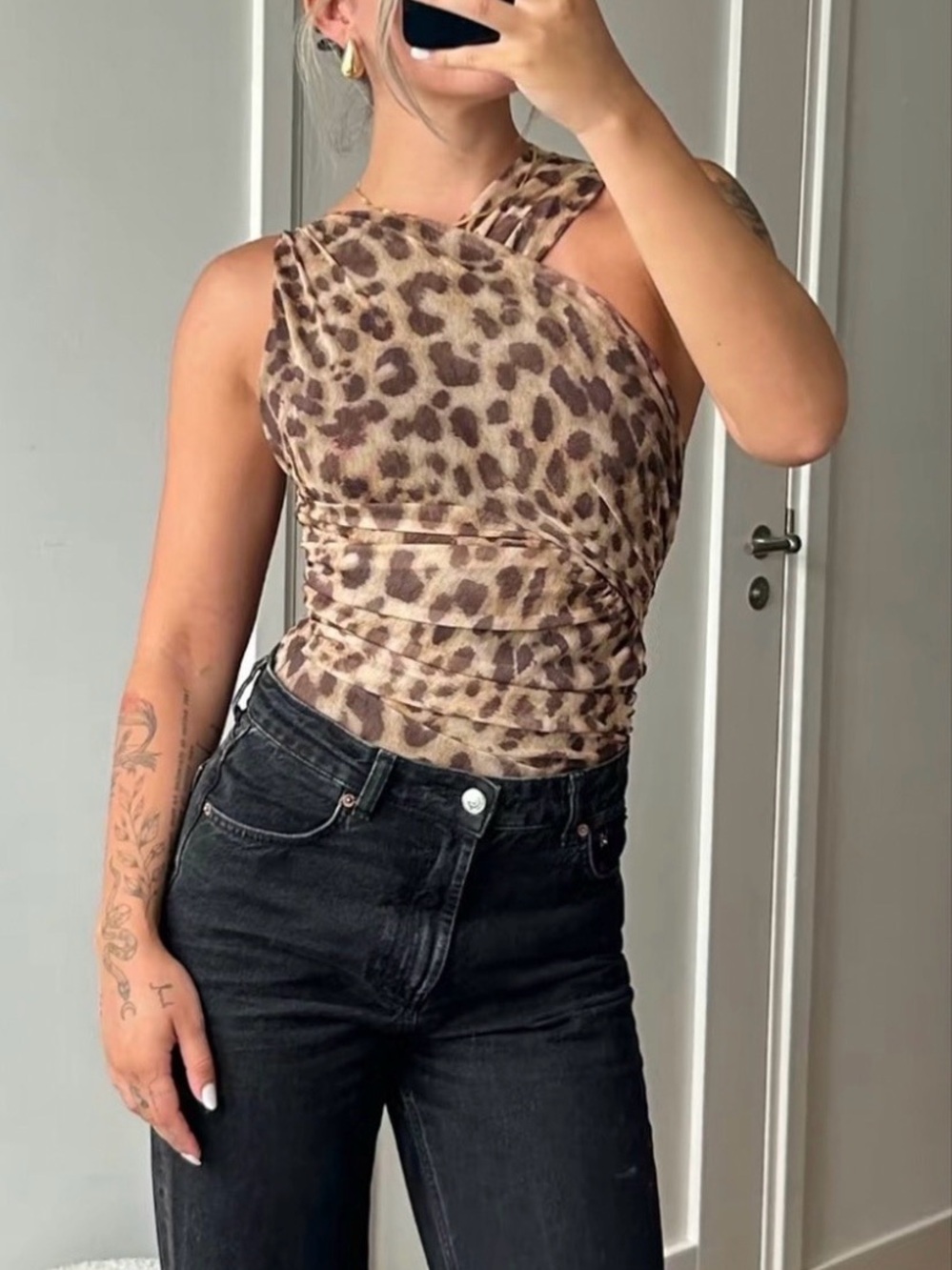 Zara Leopard Print One-Shoulder Bodysuit in Beige and Brown